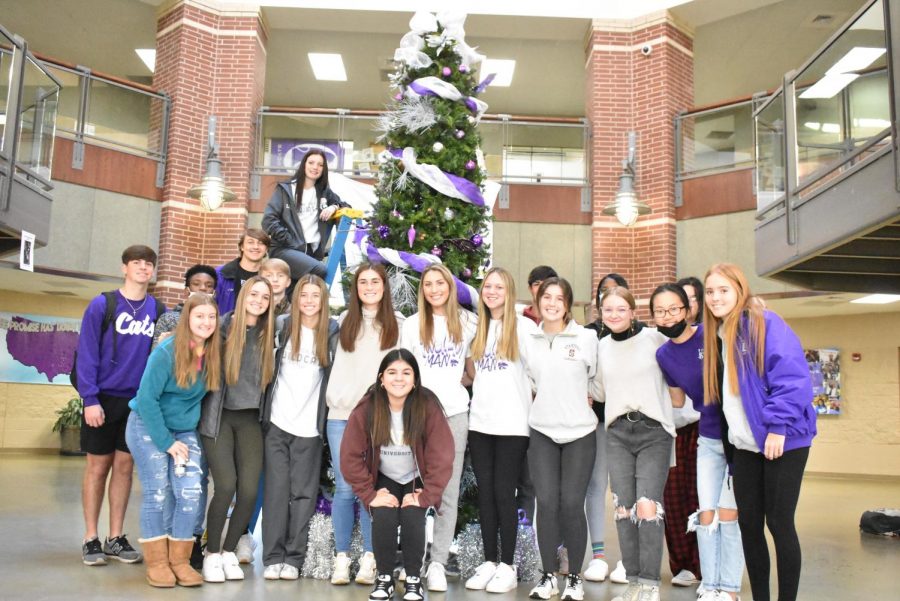 Student Council standing by the decorated tree