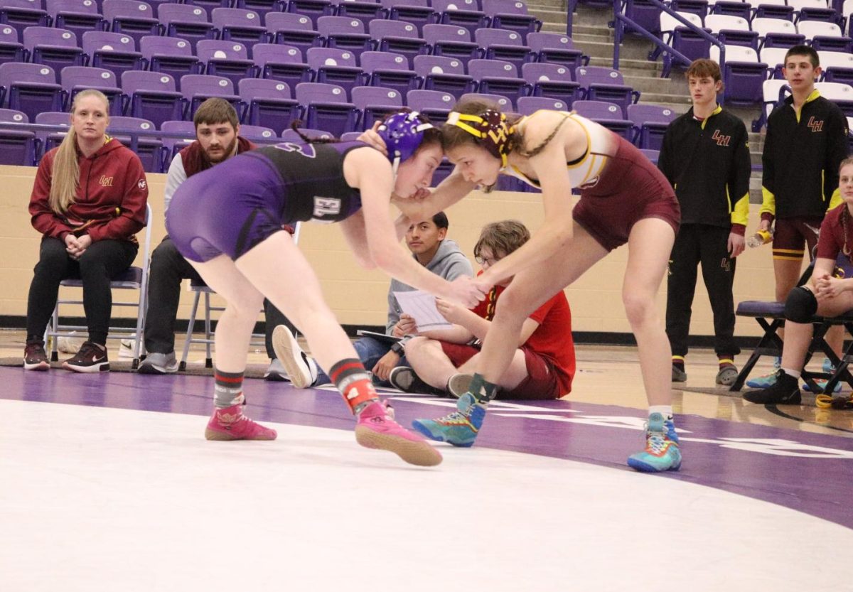 EHS girls wrestling team member facing opponent. 